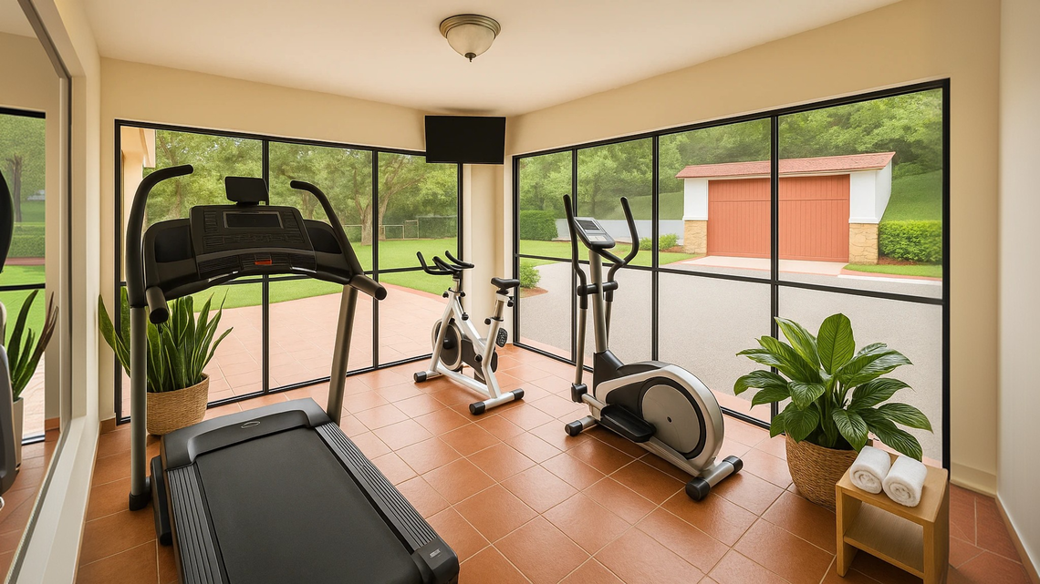 Open-air workout patio area with cardio machines, exercise bikes, and verdant mountain views.