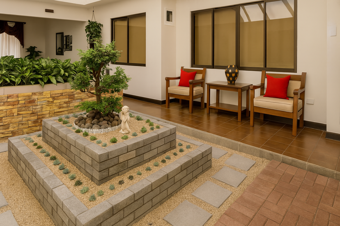 Intimate tea nook surrounded by bonsai trees within the solarium.