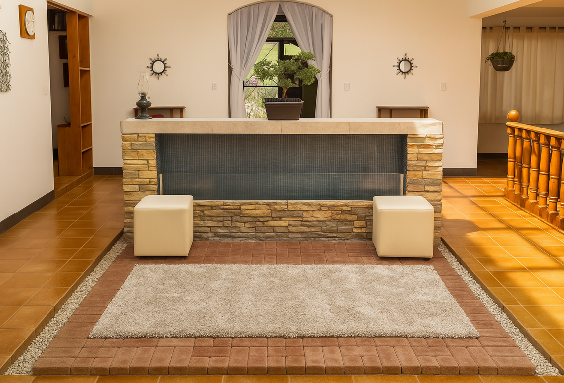 Fountain-side yoga spot beneath sunlight of the solarium.